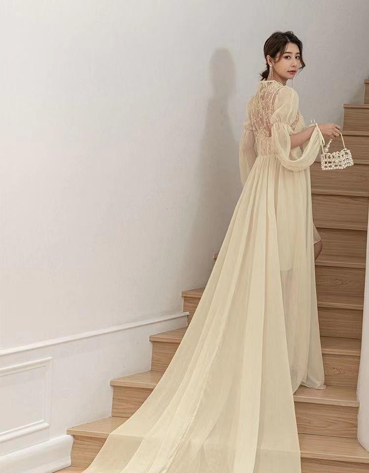 Robe d'été chic beige en mousseline 2025: Style de robe de chambre du matin, parfait pour les vacances ou les photos de mariage (F912)