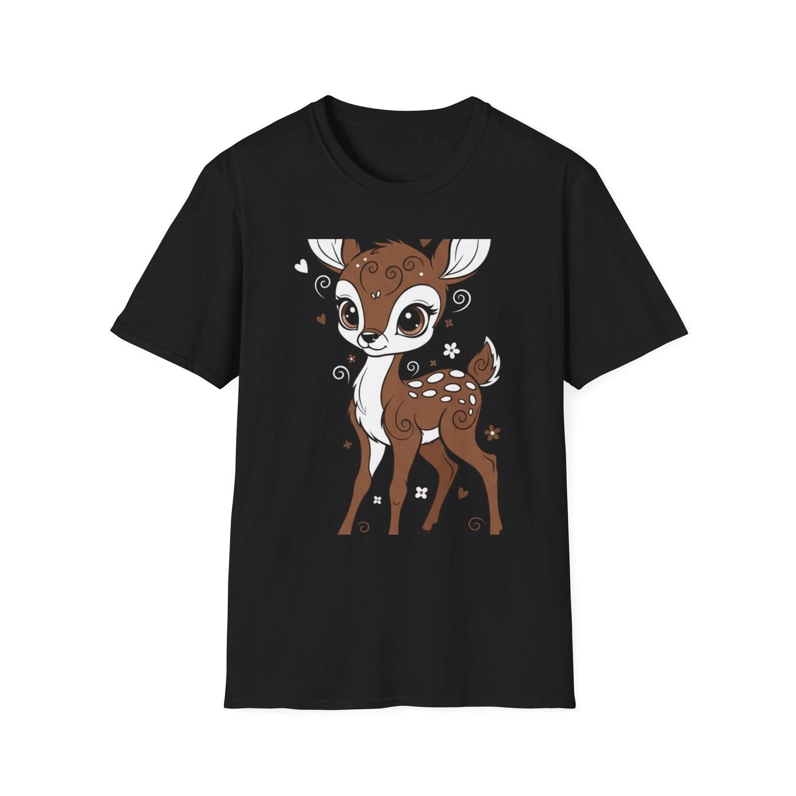 Deer Kawaii Cute Anime Black Tee Nature Floral Graphic T-Shirt S