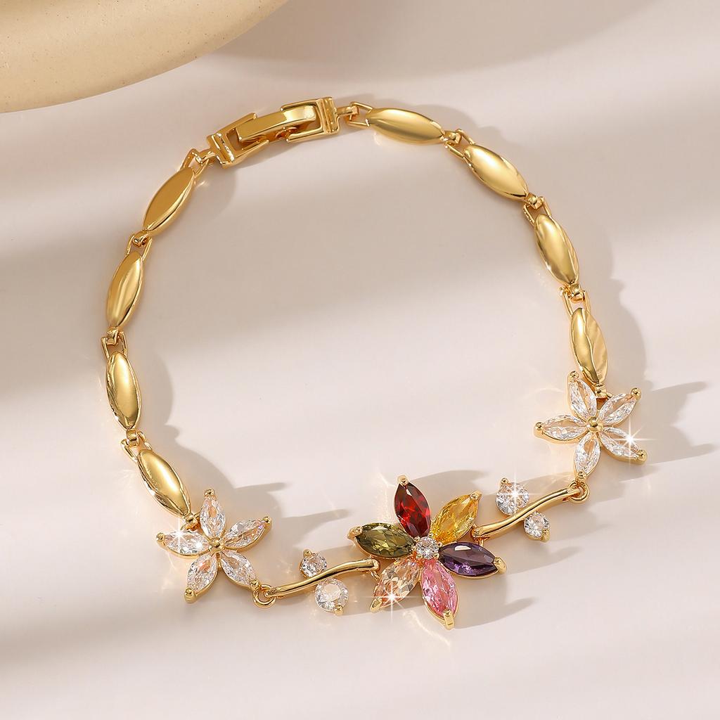 Luxury Gold-Plated Copper Zircon Leaf Bracelet, High Quality Jewelry