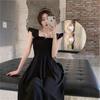 French Temperament Small Flying Sleeves Pleated Waist Dress Summer New Hepburn Style Square Neck Suspender Medium and Long Dress