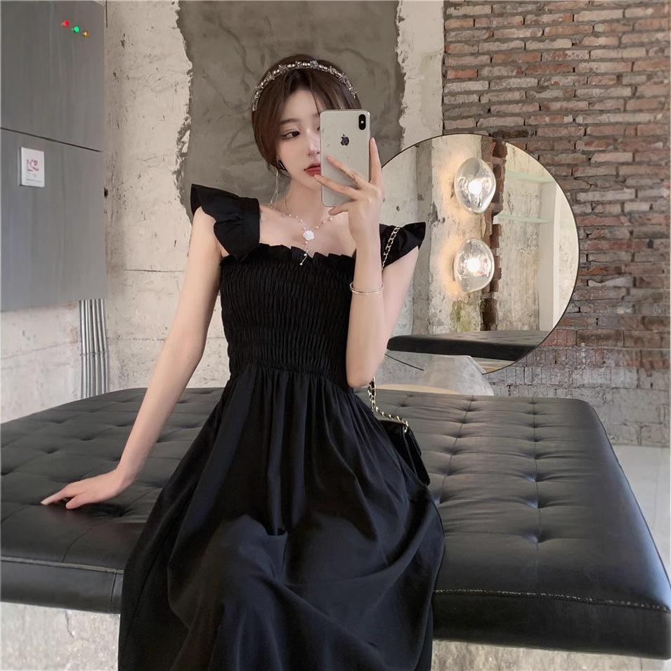French Temperament Small Flying Sleeves Pleated Waist Dress Summer New Hepburn Style Square Neck Suspender Medium and Long Dress