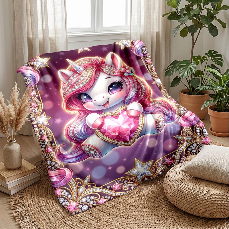 Magical Unicorn with Gem Heart Theme Blanket Lightweight Warm Flannel Blanket Decorative Throw Blanket for Home Decoration
