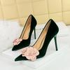 Spring Autumn New Banquet Wedding High Heels Shoes Suede Fine Heels Shallow Mouth Pointed Flower Decorative Women's Single Shoes