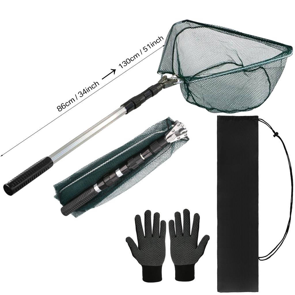 Folding Fishing Net With Non-Slip Gloves Storage Bag Telescoping Pole Handle Extend Landing Net Coated Nylon Mesh for Men Women