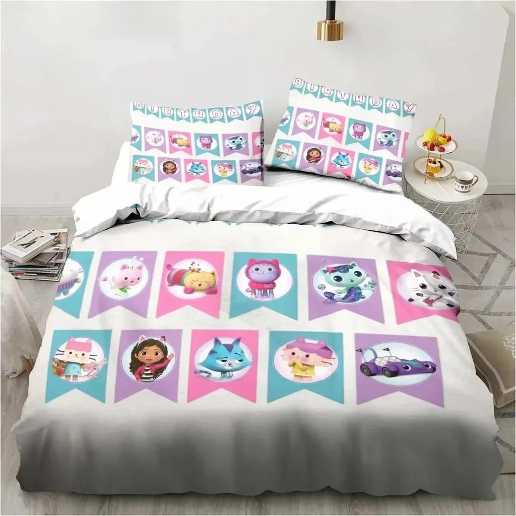 3D Gabbys Dollhouse Bedding Sets Cartoon Comforter Duvet Cover Set 3Pcs Bedroom Decor For Kids Single/Twin/Full/Queen/King Size