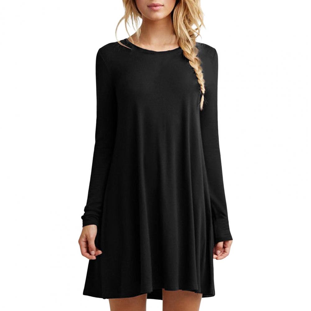 Fall Spring Women Dress Round Neck Loose Long Sleeves Pure Color A-line Pleated Mini Dress Casual Daily Wear School Work Short D