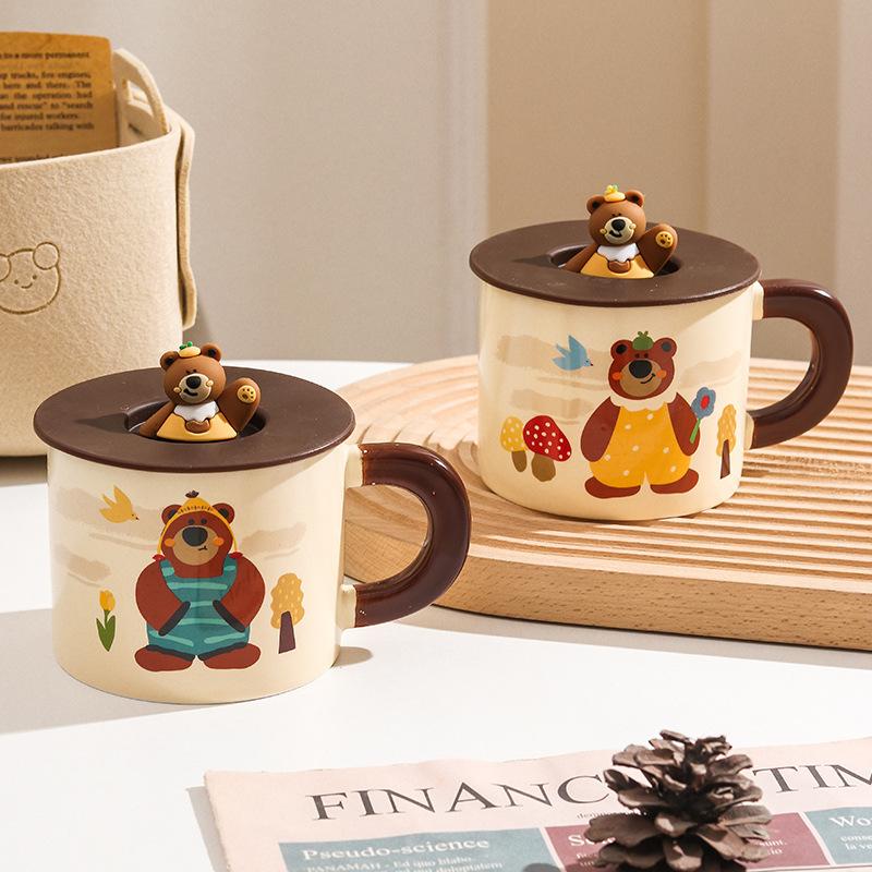 Fufu Cartoon Mug Cute Bear with Cover Couple Home Water Cup Ceramic Office Gift Box