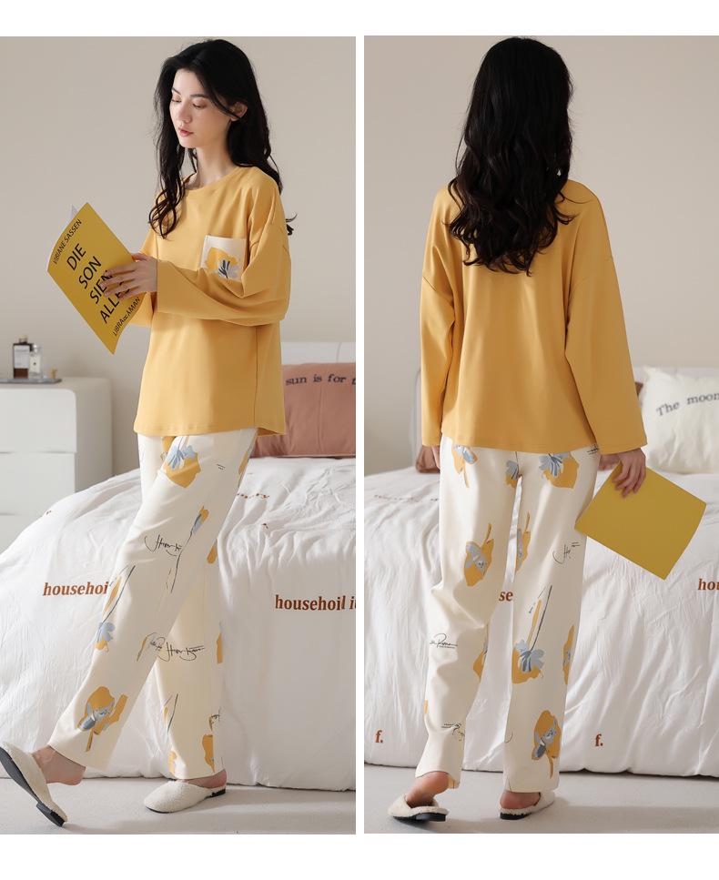 Women's Pure Cotton Long Sleeve Pajamas with Built-in Bra Pads - Cozy for Autumn/Winter, Casual Home Wear, and Suitable for Outdoors.