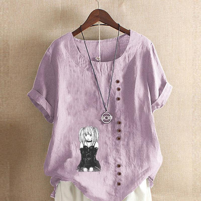Women's Fashion Cool Girl Print Short Sleeve T-shirt Loose Cotton Shirt Casual Loose Summer Blouse Tops Plus Size