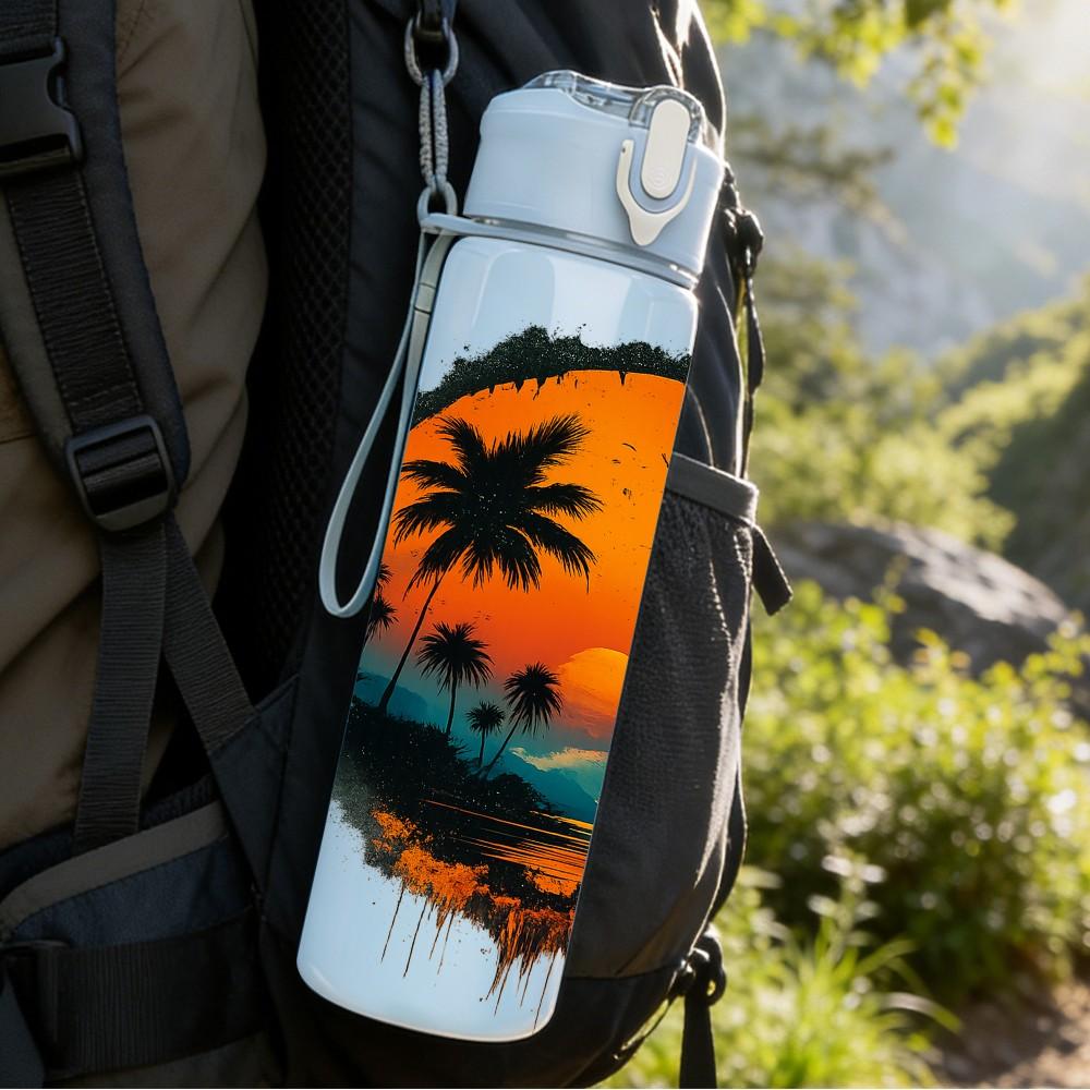 1PC Sunset Palm Tree Island Badge Print 750ml Color Plastic Sports Water Bottle Leakproof Flip Straw Lid Suitable for Sports Office Home Use