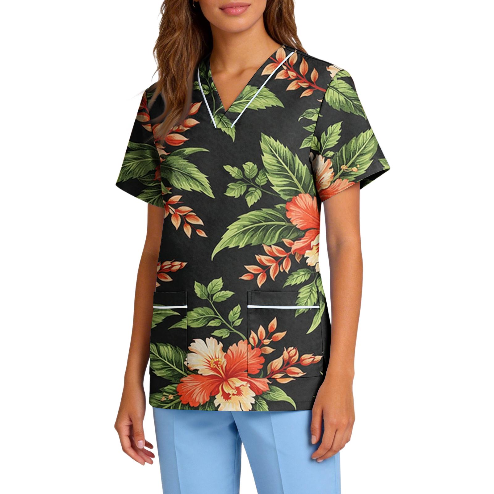 

Women s Stretch Quick-Dry V-Neck Short Sleeve Workwear Top with Hawaiian Print & Pockets L темно-зеленого