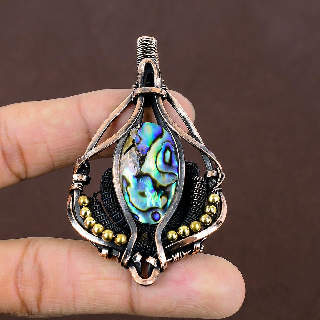 Abalone Shell Handmade Copper Wire Wrap Pendant 2.87" m0z55