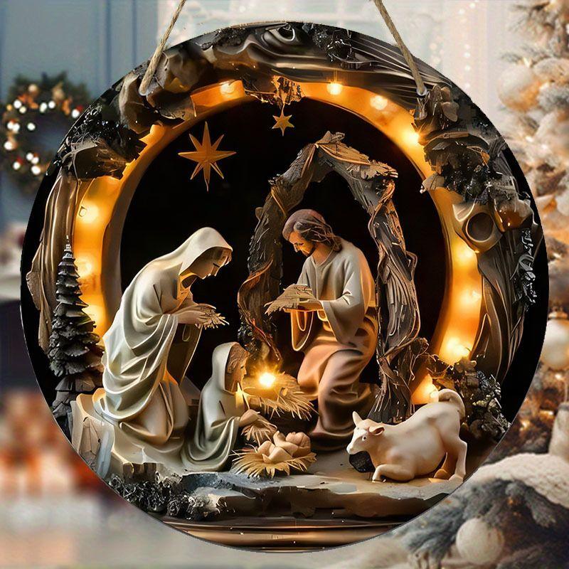 Nativity Scene Christmas Round Wooden Hanging Sign, 2D Flat Wooden Religious Wall Decor, Birth of Jesus Home Ornament