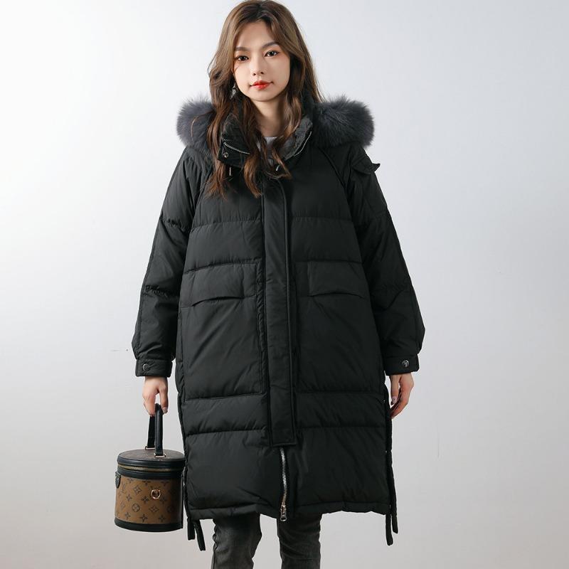 Feather 90 Down Women's Solid Color Hooded Medium and Long Women's Clothing Thickened Fox Fur White Duck Down Jacket