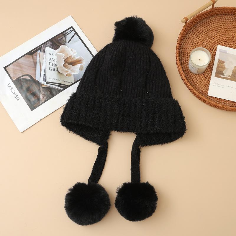 Autumn and Winter Hats for Women Sweet and Cute Fur Balls and Velvet Rabbit Fur Warm Hats Fashionable and Versatile Ear Protection Wool Hats