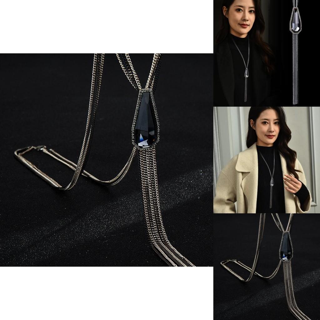 Elegant Geometric Crystal Pendant Sweater Chain Long Tassel Necklace For Women