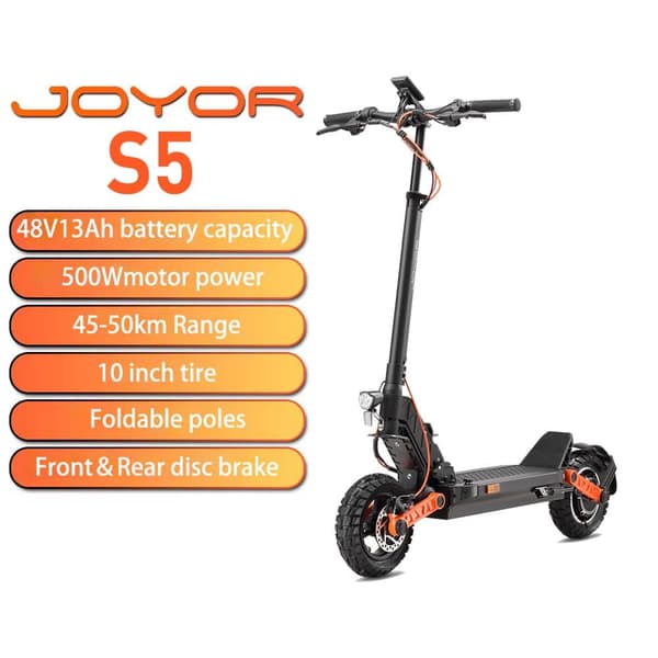 JOYOR S5 ABE Electric Scooter for Adults, 500W Motor, 45-50km Range,Front & Rear Disc Brakes, 10" Air Tires, Foldable Commuter Scooter