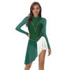 Womens Long Sleeve Skating Dress Sparkle Rhinestone Backless Irregular Hem Side Fringe Leotard Gymnastics Costume