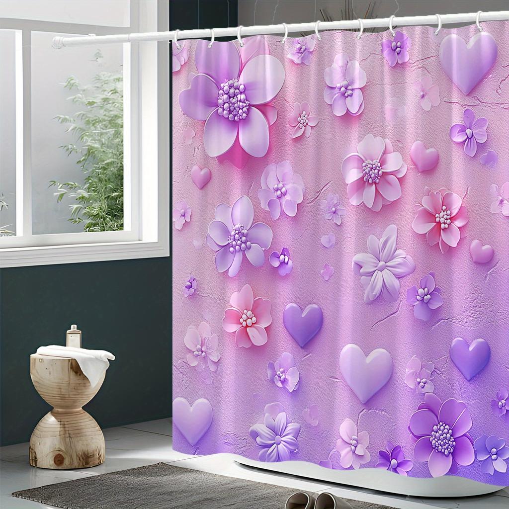 Dreamy Pastel Floral & Heart Bath Curtain - Romantic Digital Print, Polyester,Machine Washable, Stylish Bath Accessory