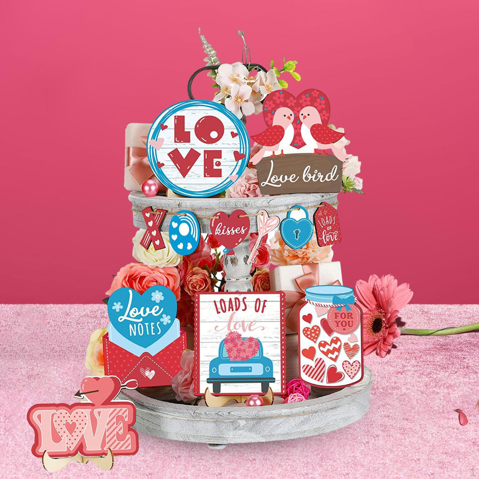 

Valentines Day Tiered Tray Decor, Love Heart Plaque Photo Props Rustic Letter Layered Wooden
