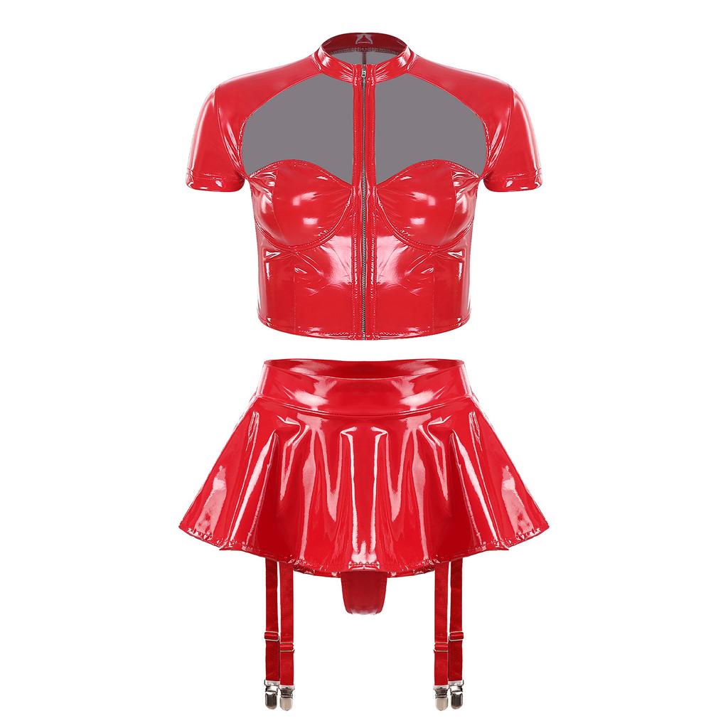Womens PU Leather Crop Top Cutout Short Sleeve Push-up Underwire Built-in Thong Mini Skirt Rave Clubwear
