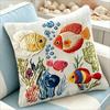 Faux Embroidery Tropical Fish Print Throw Pillow Cover, Underwater Ocean Coral Decorative Cushion For Coastal Home