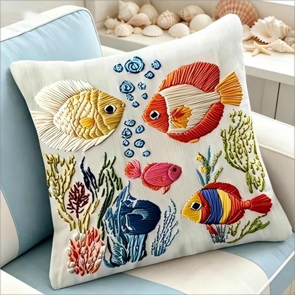 Faux Embroidery Tropical Fish Print Throw Pillow Cover, Underwater Ocean Coral Decorative Cushion For Coastal Home