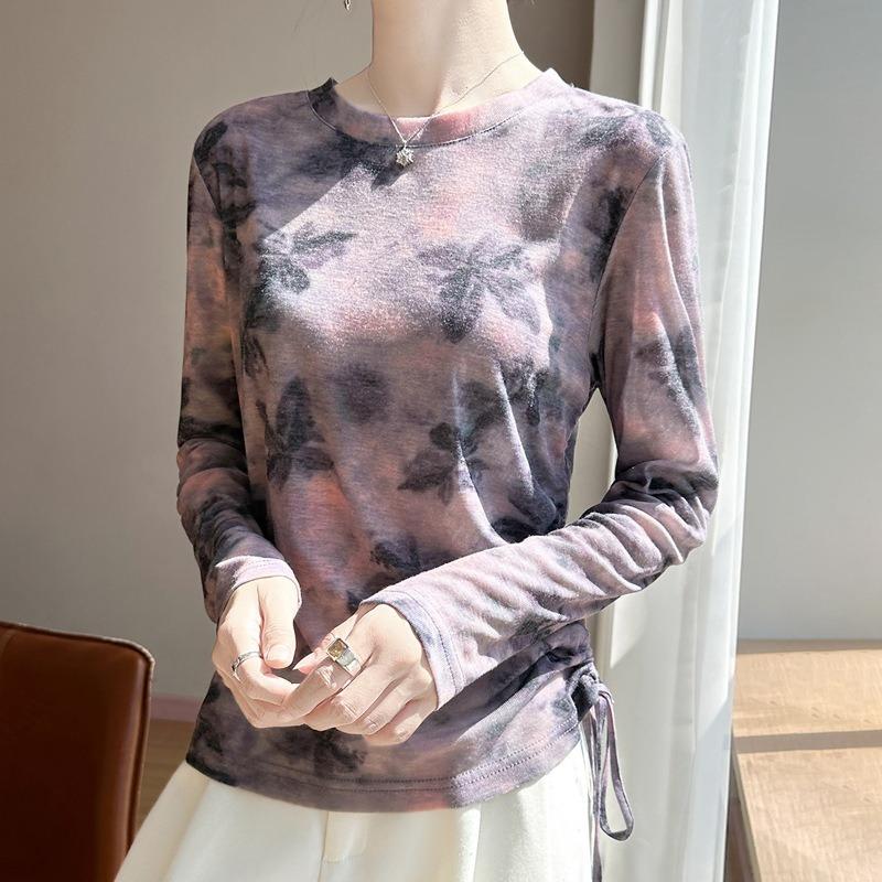 Women S Long Sleeve Round Neck Loose Fit Ink Painting T Shirt