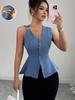 Women Sleeveless V Neck Peplum Blouse Metal Buckle Decor Slim Waist Button Down Vest Elegant Commuter Top Factory Wholesale