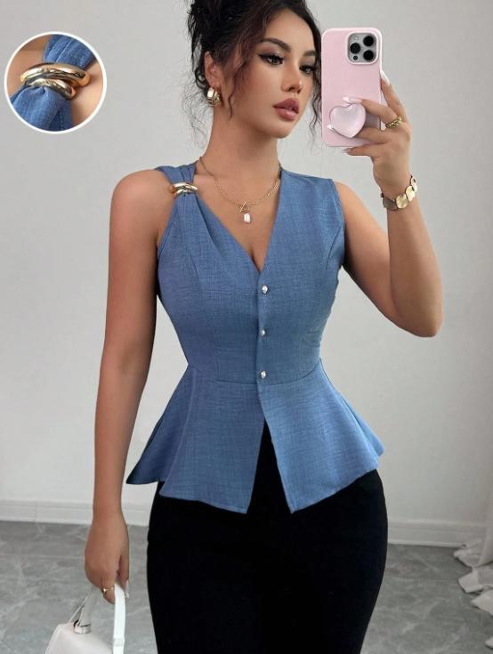 Women Sleeveless V Neck Peplum Blouse Metal Buckle Decor Slim Waist Button Down Vest Elegant Commuter Top Factory Wholesale