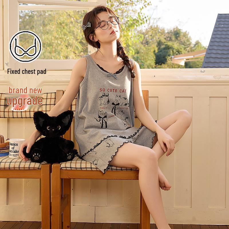 2026 Women's Summer Cotton Pajama Set with Built-in Bra, Cute Cartoon Tank Top & Shorts for Indoors and Outdoors