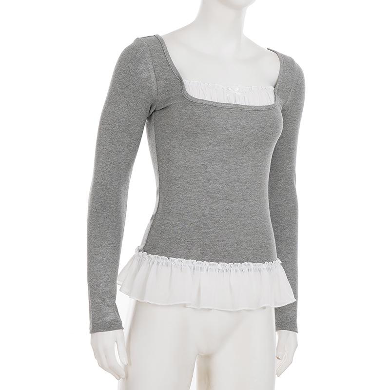 European Faux Two-Piece Lace Long-Sleeve T-Shirt, Slimming & Flattering Autumn Top for Women