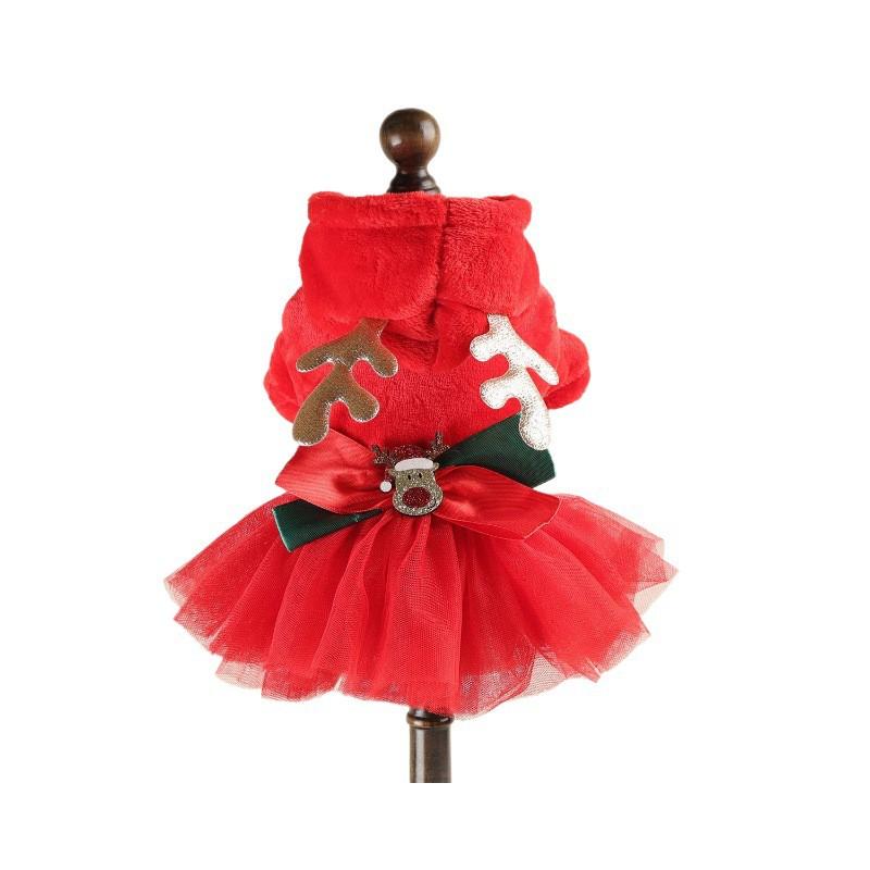 Pet Circle Winter Holiday Dog Dress Small Breeds - Festive Red Reindeer Fluffy Tutu Outfit