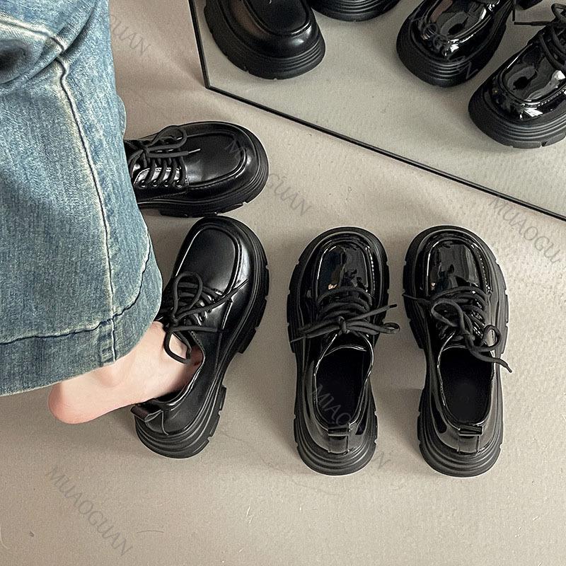 Fashion Fashion British Style Leather Loafers Black Female 2025 Autumn New Thick Bottom High Heel Shoes for Women Platform Lace Up Pumps