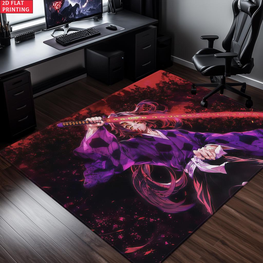 Anime Swordsman Area Rug, Purple Red Flame Theme  Floor Mat, Decorative Carpet for Gaming Room Bedroom, Washable Home Decor Gift