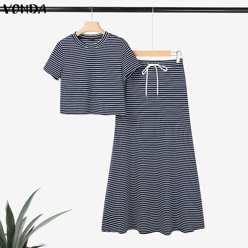 

VONDA Two Pieces Women Sets Striped Short Sleeve Crop Tops and Long Skirts Outfits 5XL синий