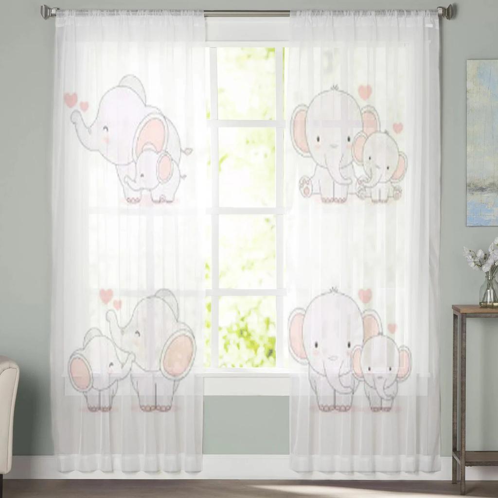 Elephant Mom And Baby Tulle Sheer Curtains For Kitchen Window Living Room Modern Voile Curtain Bedroom Drapes