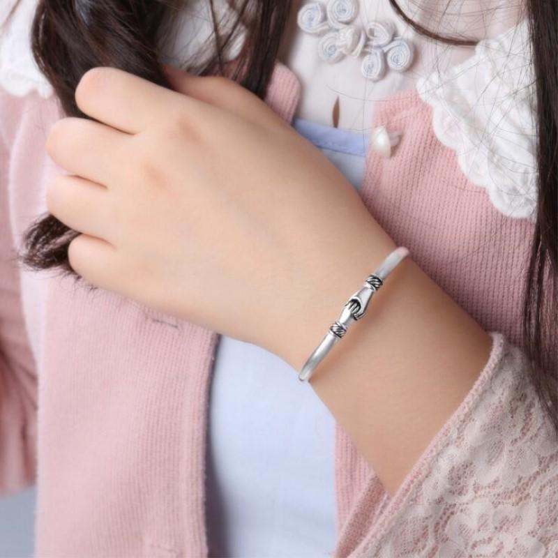 Nuovi Gioielli Retro in Argento Sterling 925 da Donna Braccialetti Apertura Stretta di Mano Creativi Braccialetti dell'Amicizia SL004