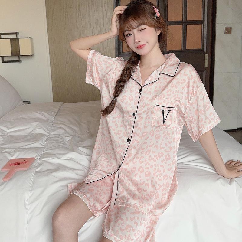 Stylish Sweet Pink Leopard Print Women'S Loungewear Summer Ice Silk Short-Sleeved Elastic Waist Suit