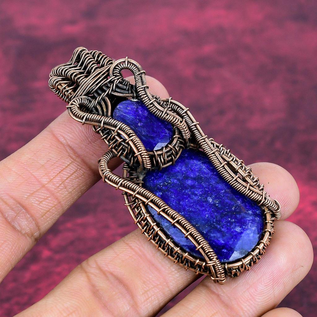 Facettierter blauer Saphir Anhänger Kupferdraht gewickelter Anhänger Echter Edelstein Schmuck