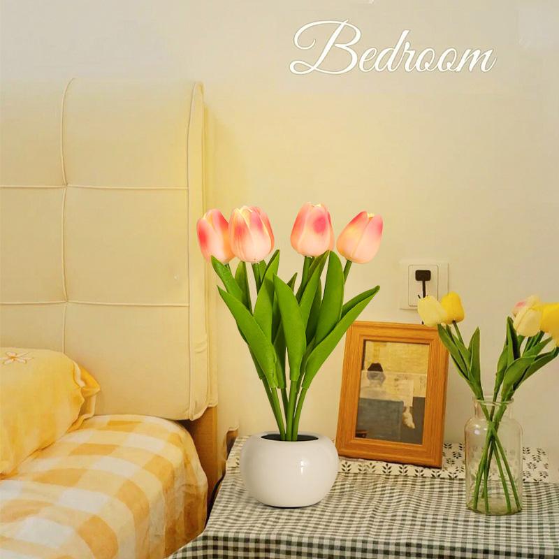 White LED Tulip Small Night Lamp Bedroom Bedside Ambience Light Simulation Bouquet Decoration Table Lamp Creative Gift Pink
