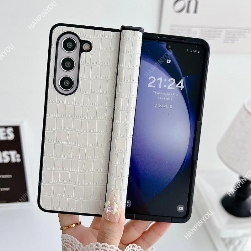 Leather Crocodile Pattern Texture Flip Case For Samsung Galaxy Z Fold6 Fold5 Fold4 Fold3 Hinge Style Back Cover Anti Drop Protector Shell
