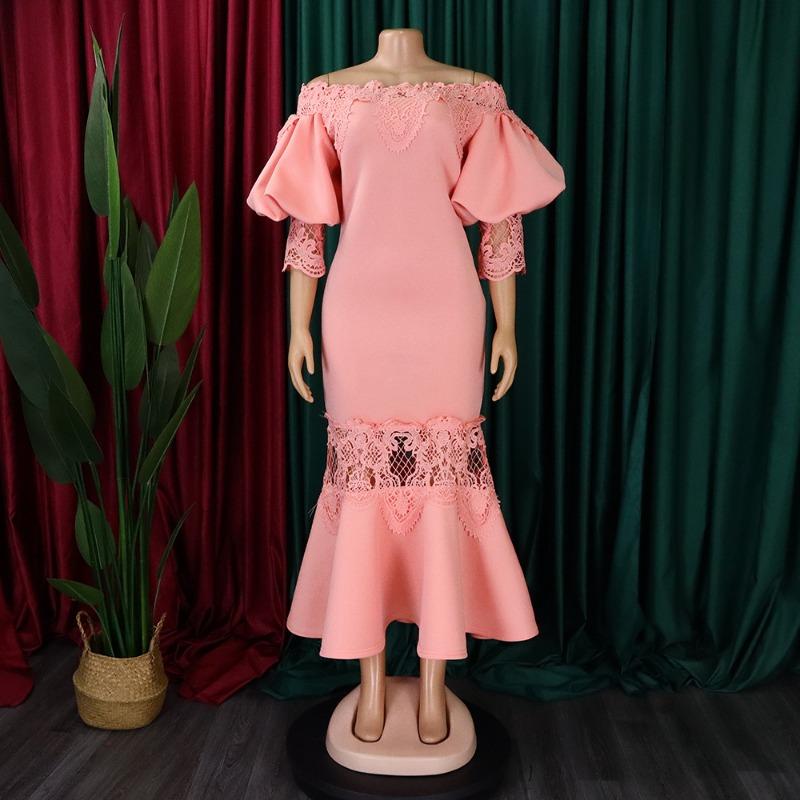 Women Sexy Lace Off Shoulder High Waist Mermaid Evening Party Midi Dress