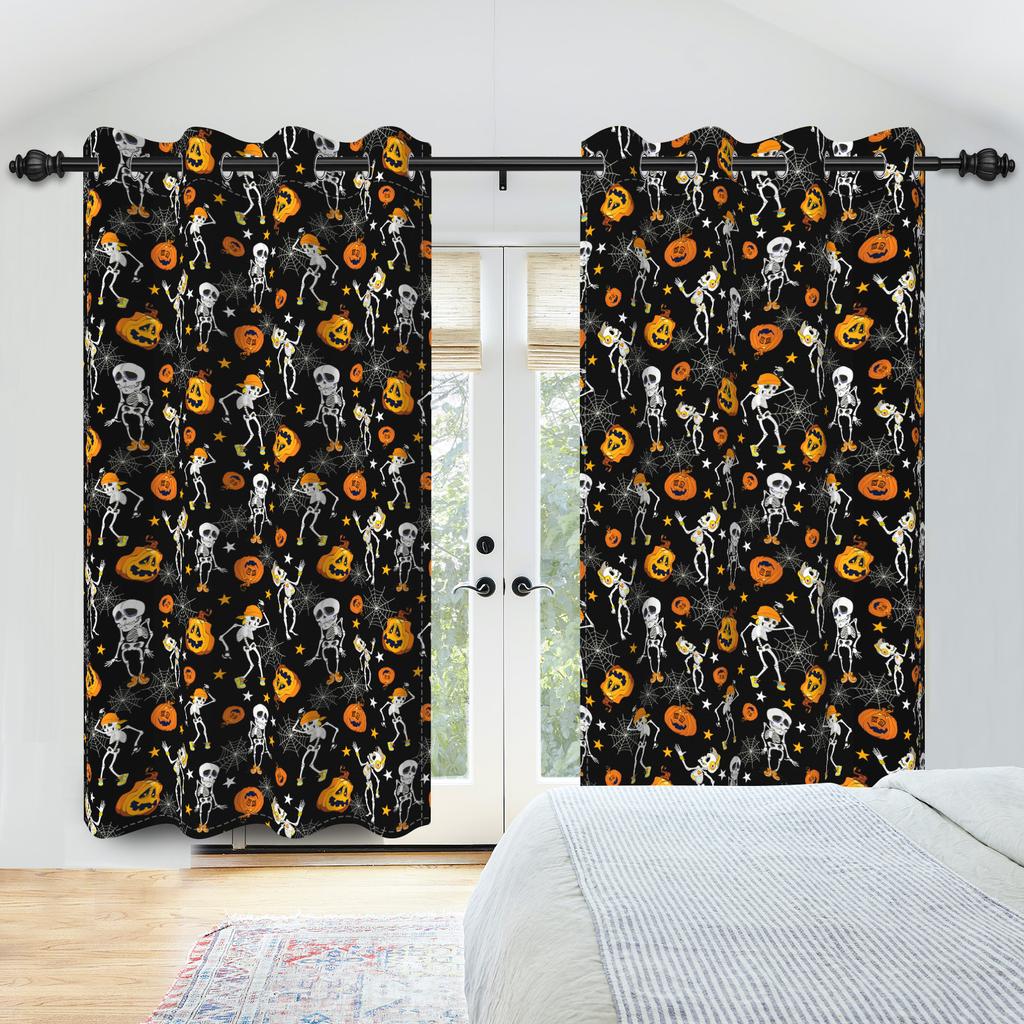 2pcs/set Skeleton Skull Black Window Curtain Horror Halloween Haunted House Home Bedroom Decor Blackout Polyester Fabric Curtain