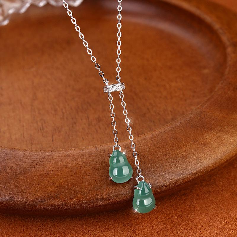 New Chinese Style Natural Blue Water Jadeite Double Gourd Pendant S925 Pure Silver Necklace for Women, Premium Clavicle Chain