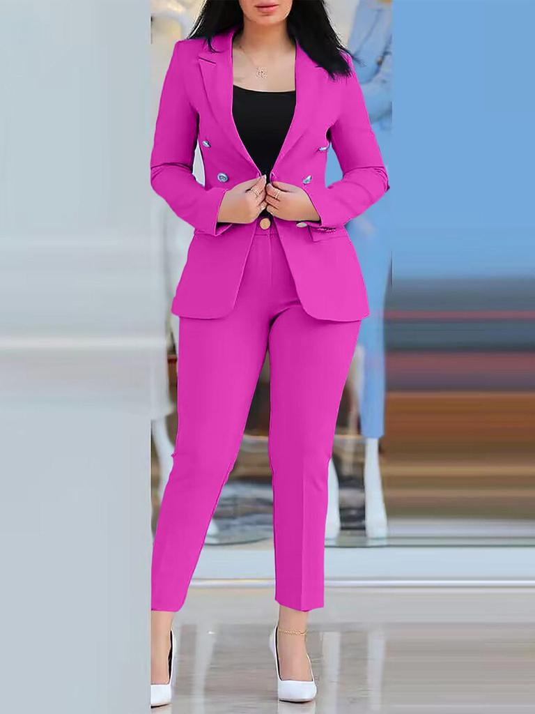 Kadın Kruvaze Takım Seti, Dar Kesim Pantolonlu, Profesyonel Blazer ve Pantolon Takımı