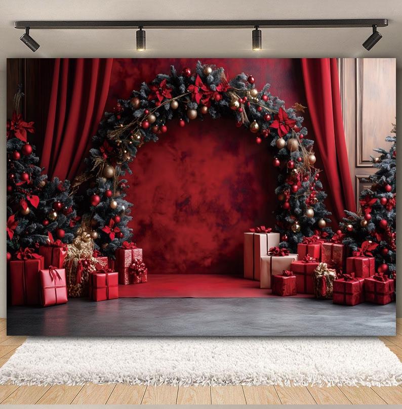 Christmas Backdrop for Photography Vintage Red Wall Arch Wreath Xmas Tree Gifts Family Baby Kid Portrait Background Photo Studio