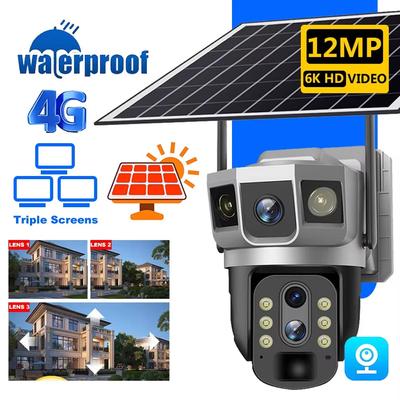 2025 12MP 3 Lens 4G Solar Camera SIM Card Network 10X Zoom Smart Home Securiry Protection 6K Night Vision IP Video Surveillance CCTV Cameras