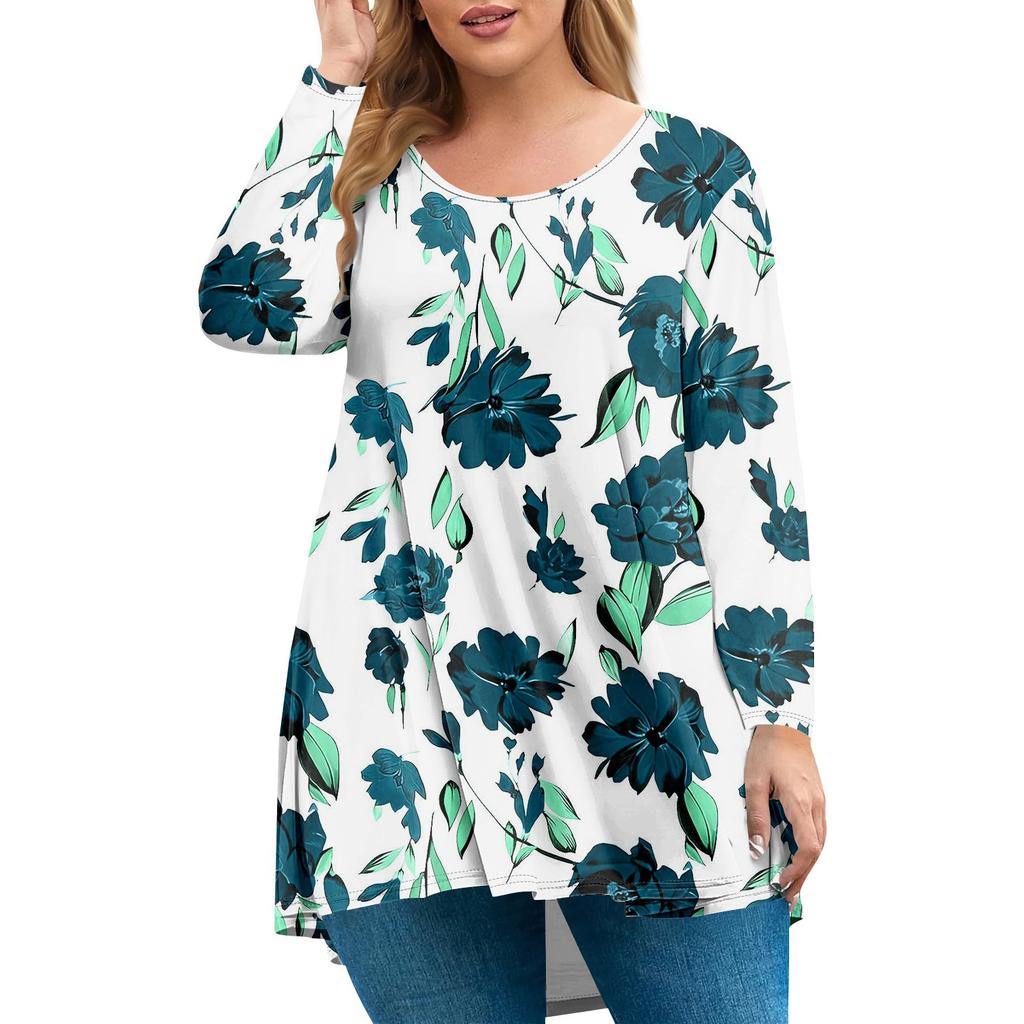 Women's Plus Size Top, Garden Collar Long Sleeved Shirt, Fashionable Floral Print Casual Top