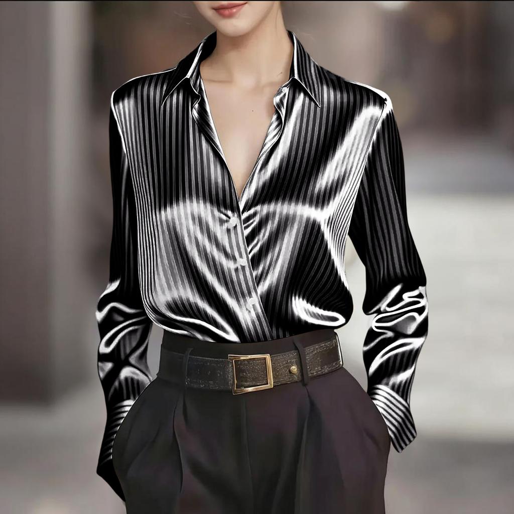 Elegant And Stylish Retro Striped Collared Long,sleeved Shirt For Women